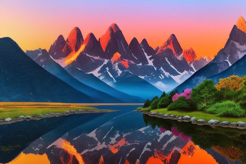 A breathtaking landscape painting of a serene mountain range at sunset