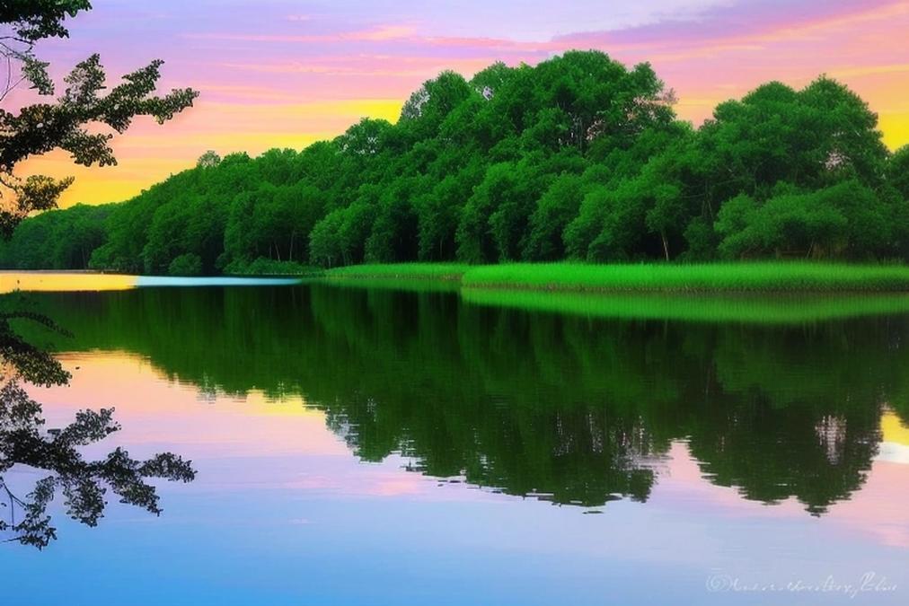 A serene and peaceful landscape with a beautiful sunset over a tranquil lake
